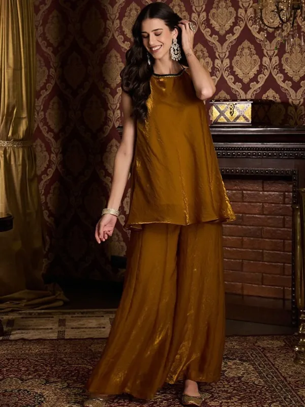 Brown_Fendi_Satin_Regular_Kurta_Set_For_Women