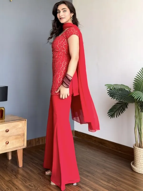 Red_Georgette_Flared_Embroidered_Kurta_Set_For_Women