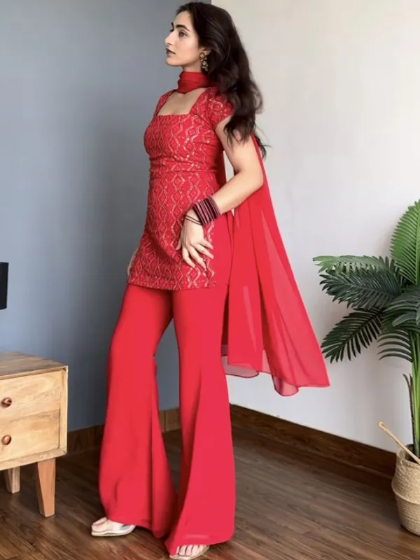 Red_Georgette_Flared_Embroidered_Kurta_Set_For_Women