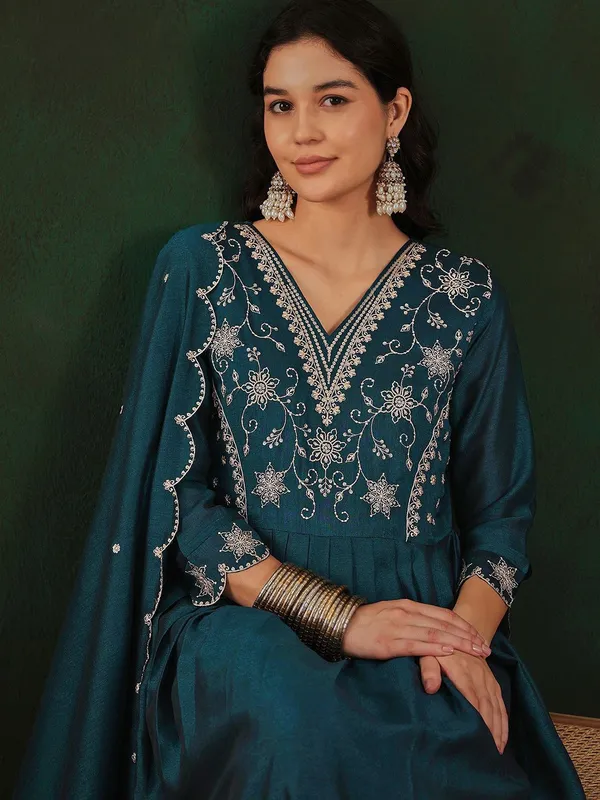 Teal_Cotton_Anarkali_Embroidered_Kurta_Set_For_Women