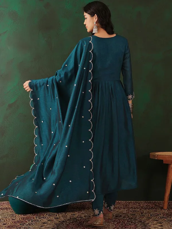 Teal_Cotton_Anarkali_Embroidered_Kurta_Set_For_Women