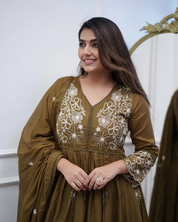 Olive_Green_Cotton_Anarkali_Thread_Work_Kurta_Set_For_Women