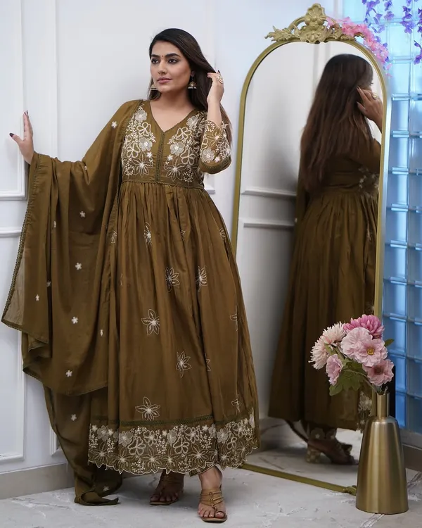 Olive_Green_Cotton_Anarkali_Thread_Work_Kurta_Set_For_Women
