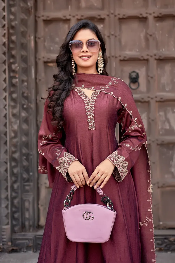 Burgundy_Silk_Anarkali_Embroidered_Kurta_Set_For_Women