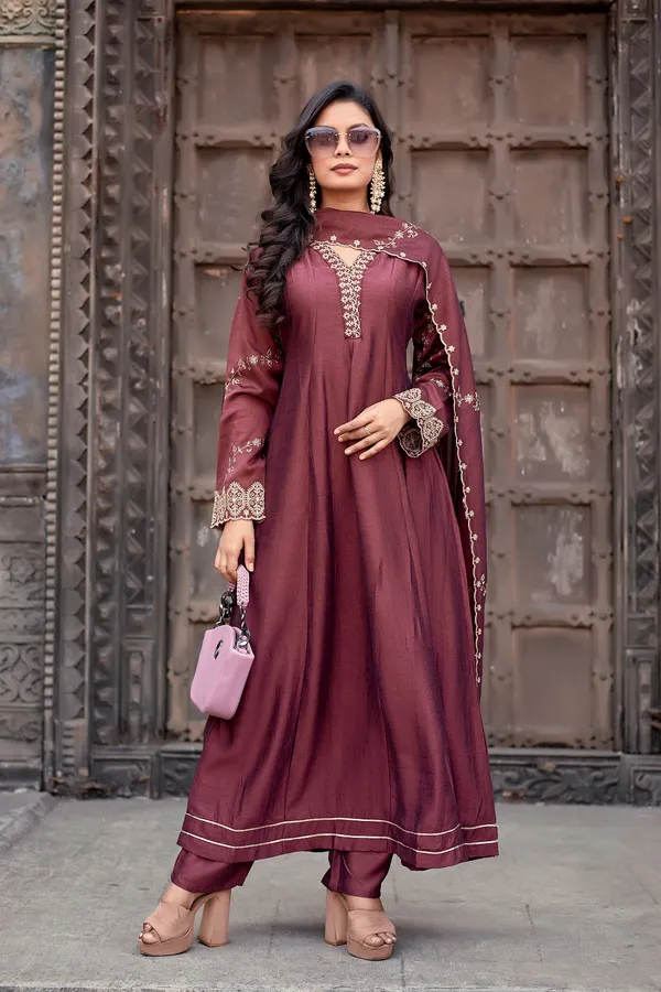 Burgundy_Silk_Anarkali_Embroidered_Kurta_Set_For_Women
