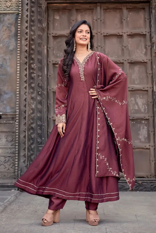 Burgundy_Silk_Anarkali_Embroidered_Kurta_Set_For_Women