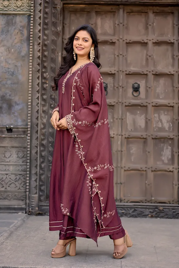 Burgundy_Silk_Anarkali_Embroidered_Kurta_Set_For_Women