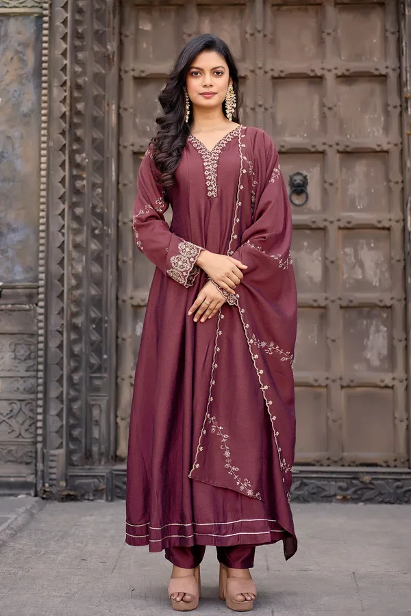 Burgundy_Silk_Anarkali_Embroidered_Kurta_Set_For_Women