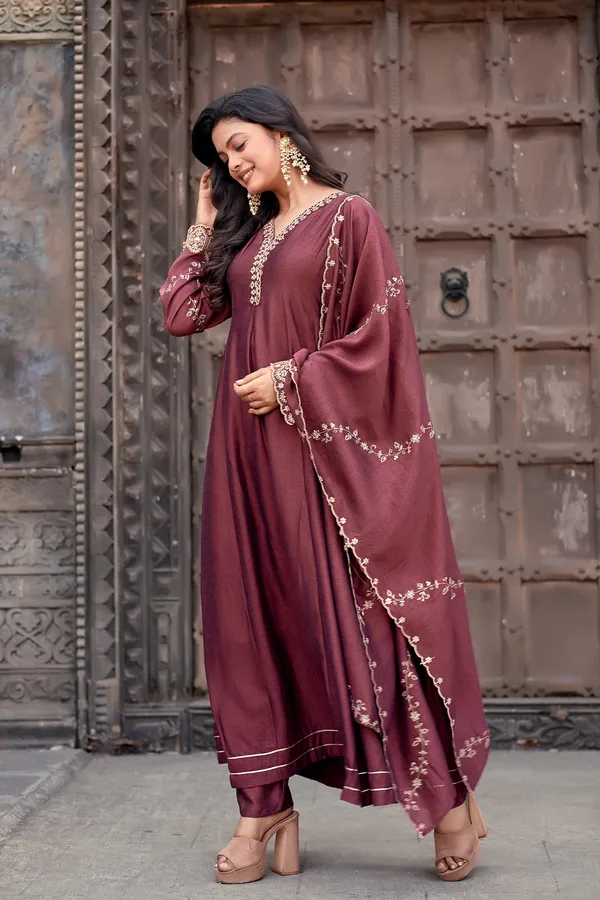 Burgundy_Silk_Anarkali_Embroidered_Kurta_Set_For_Women