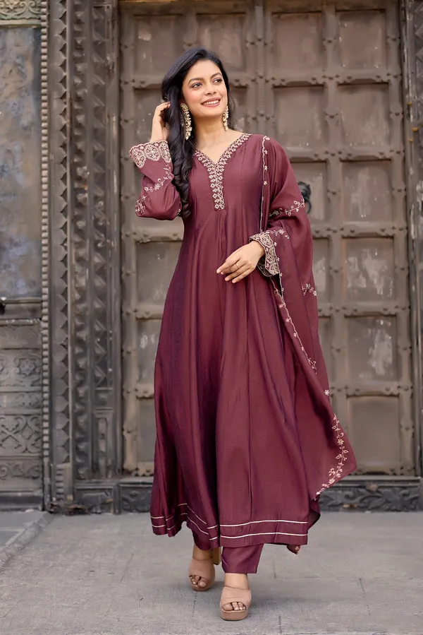 Burgundy_Silk_Anarkali_Embroidered_Kurta_Set_For_Women