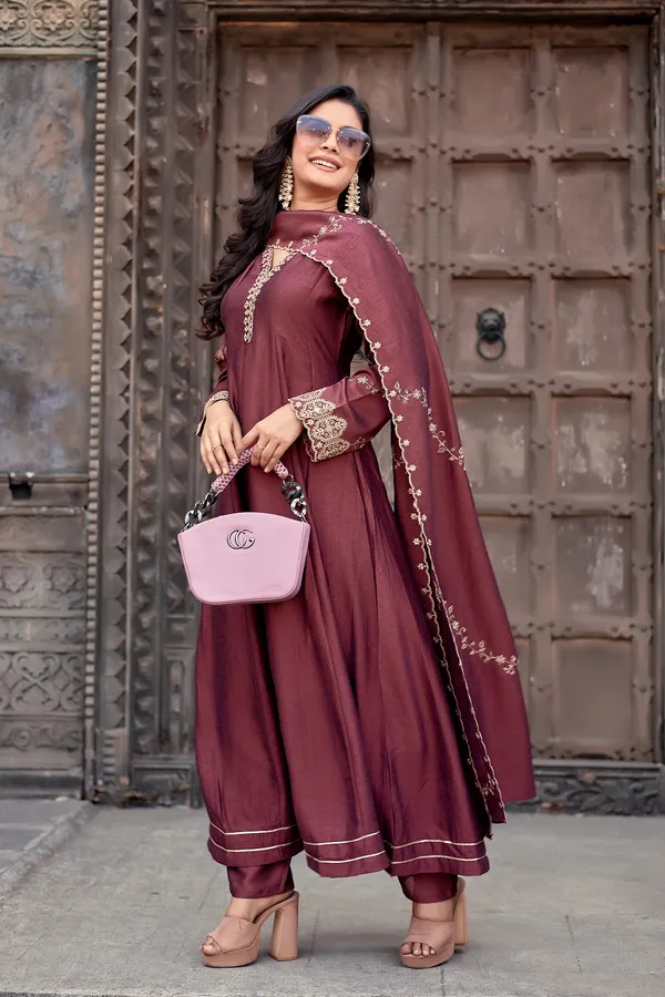 Burgundy_Silk_Anarkali_Embroidered_Kurta_Set_For_Women
