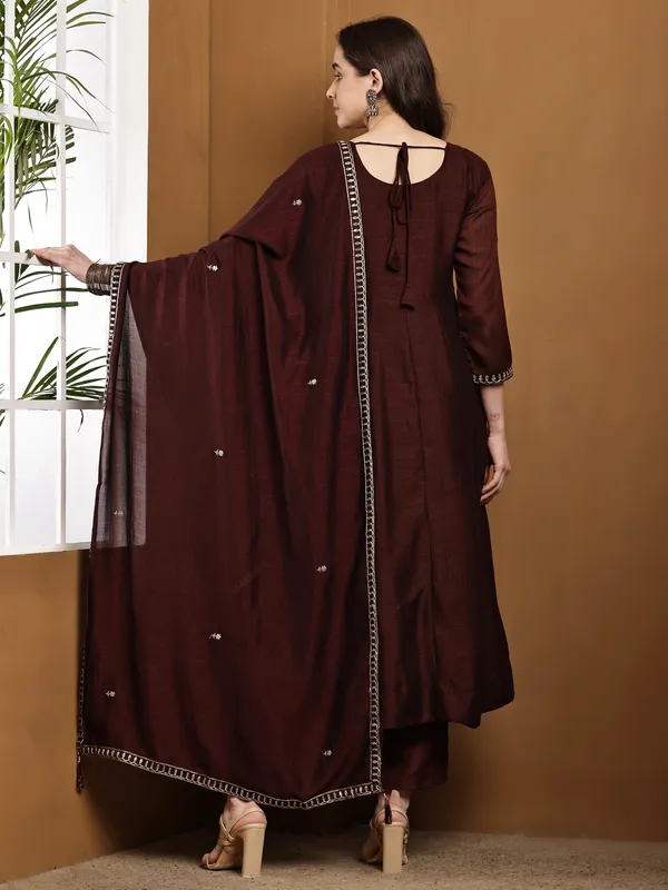 Coffee_Silk_Regular_Embroidered_Anarkali_Kurta_Set_For_Women
