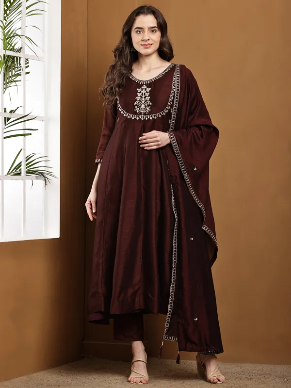 Coffee_Silk_Regular_Embroidered_Anarkali_Kurta_Set_For_Women