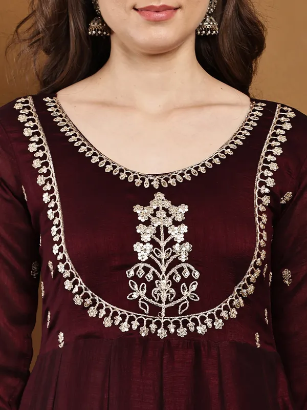 Wine_Silk_Regular_Embroidered_Anarkali_Kurta_Set_For_Women