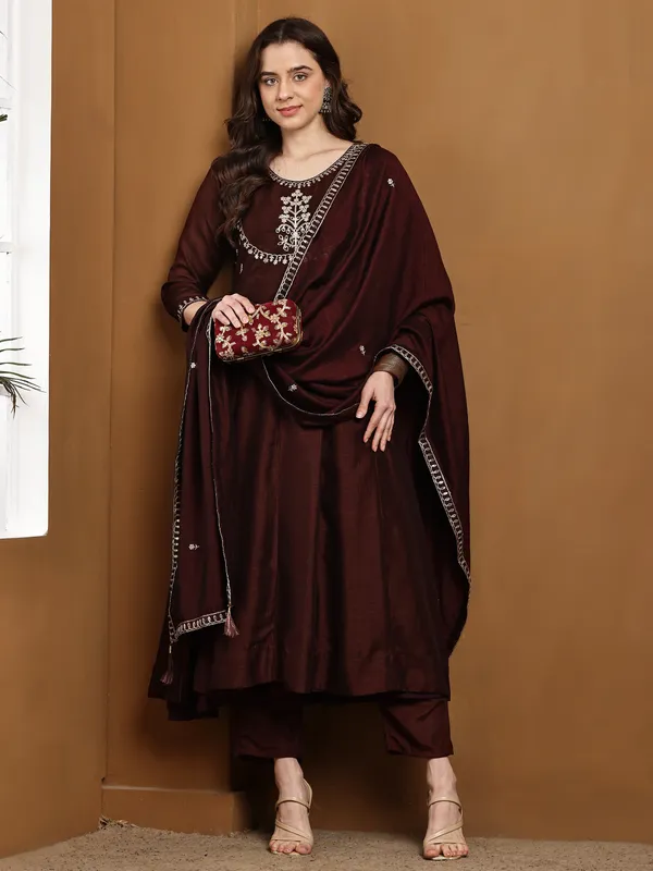 Coffee_Silk_Regular_Embroidered_Anarkali_Kurta_Set_For_Women