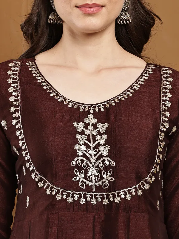 Coffee_Silk_Regular_Embroidered_Anarkali_Kurta_Set_For_Women
