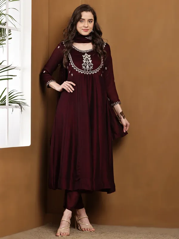 Wine_Silk_Regular_Embroidered_Anarkali_Kurta_Set_For_Women
