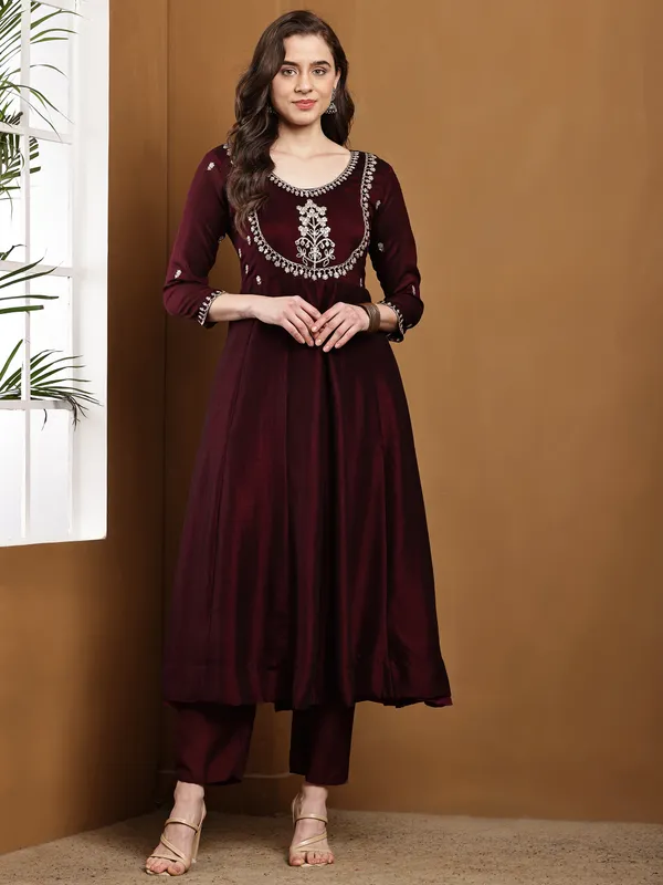 Wine_Silk_Regular_Embroidered_Anarkali_Kurta_Set_For_Women