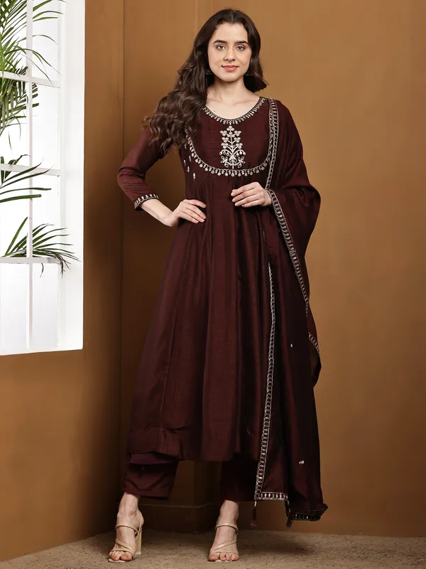 Coffee_Silk_Regular_Embroidered_Anarkali_Kurta_Set_For_Women