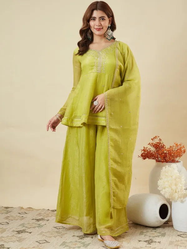 Yellow_Silk_Embroidered_A_Line_Kurta_And_Sharara_Set_For_Women