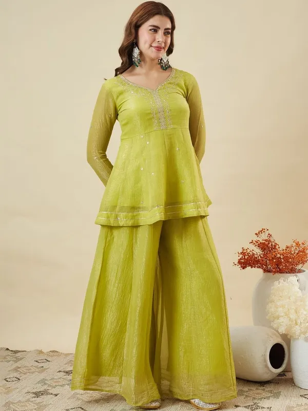 Yellow_Silk_Embroidered_A_Line_Kurta_And_Sharara_Set_For_Women