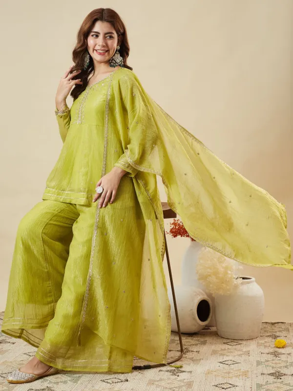 Yellow_Silk_Embroidered_A_Line_Kurta_And_Sharara_Set_For_Women