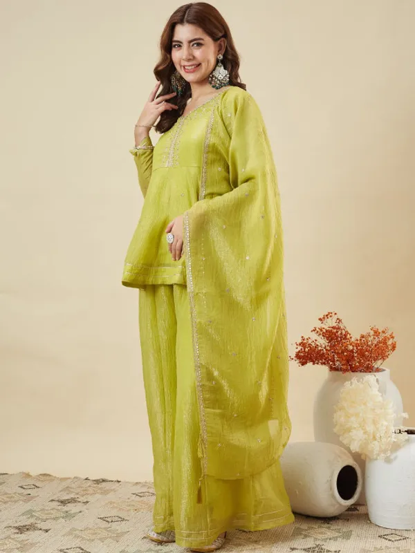 Yellow_Silk_Embroidered_A_Line_Kurta_And_Sharara_Set_For_Women