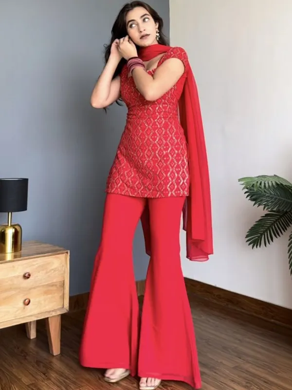 Red_Georgette_Flared_Embroidered_Kurta_Set_For_Women