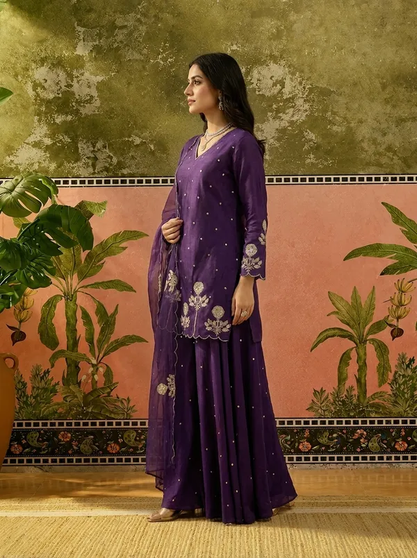 Purple_Chanderi_Silk_Regular_Embroidered_Kurta_Set_For_Women