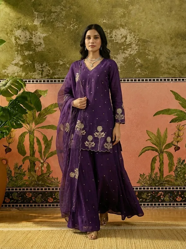 Purple_Chanderi_Silk_Regular_Embroidered_Kurta_Set_For_Women