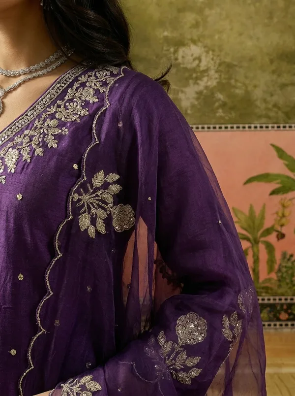 Purple_Chanderi_Silk_Regular_Embroidered_Kurta_Set_For_Women