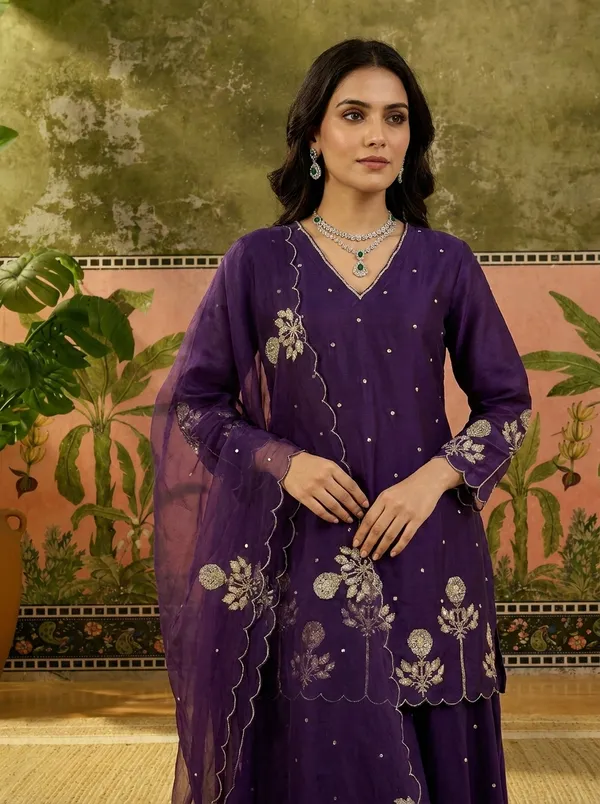 Purple_Chanderi_Silk_Regular_Embroidered_Kurta_Set_For_Women