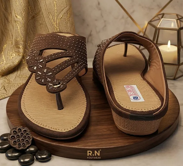 Brown_Synthetic_Embellished_T-Strap_Flat_Sandals_For_Women