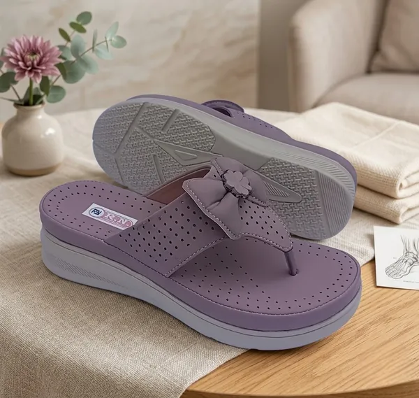Purple_Synthetic_Leather_Perforated_Thong_Wedge_Slippers_For_Women