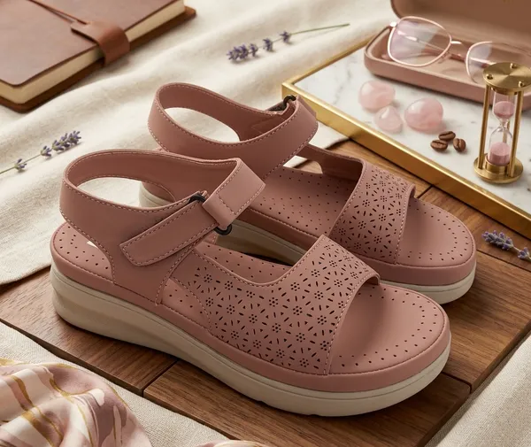 Peach_Synthetic_Leather_Perforated_Wedge_Sandals_For_Women