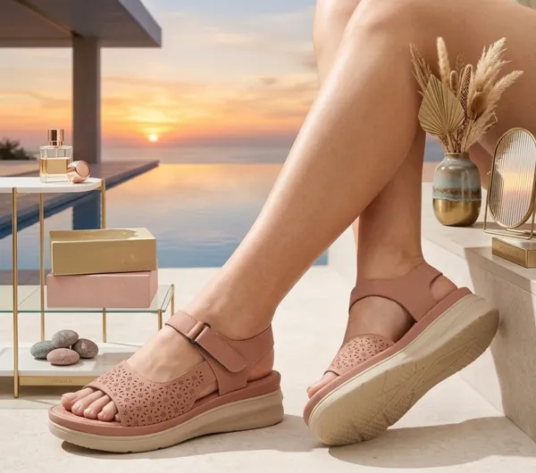 Peach_Synthetic_Leather_Perforated_Wedge_Sandals_For_Women
