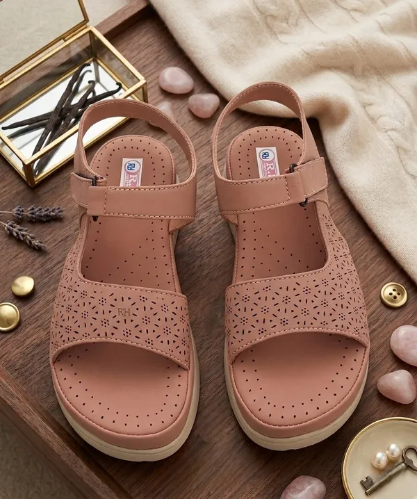 Peach_Synthetic_Leather_Perforated_Wedge_Sandals_For_Women