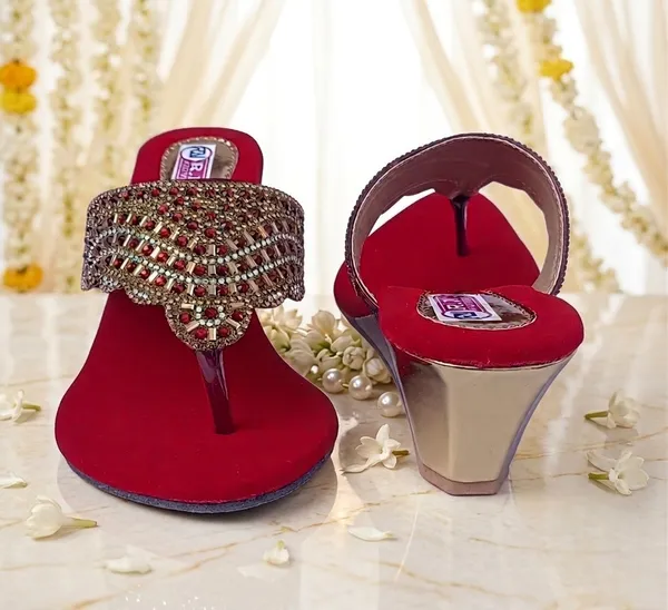 Red_Velvet_Wedge_Heel_Embellished_Sandals_For_Women