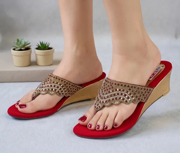 Red_Velvet_Wedge_Heel_Embellished_Sandals_For_Women