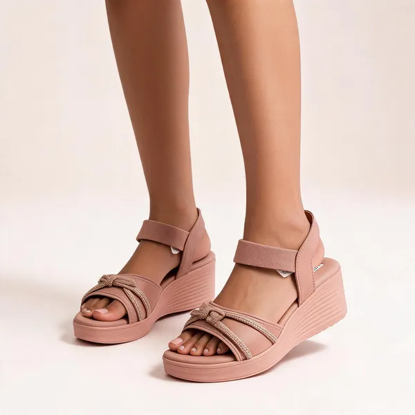 Peach_Synthetic_Leather_Embellished_Elastic_Strap_Platform_Wedge_Sandals_For_Women