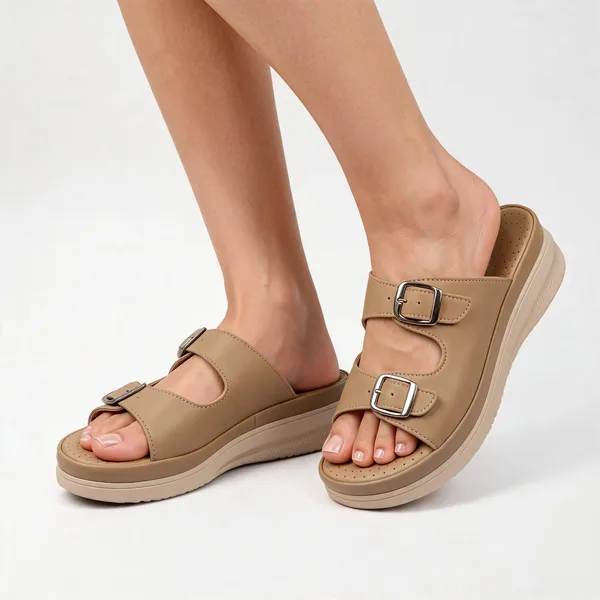 Beige_Synthetic_Leather_Dual_Buckle_Orthopedic_Platform_Sandals_For_Women
