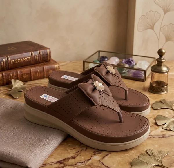 Brown_Synthetic_Leather_Perforated_T-Strap_Wedge_Sandals_For_Women