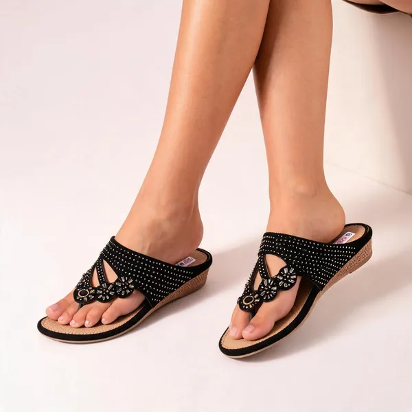Black_Synthetic_Leather_Studded_T-Strap_Flat_Sandals_For_Women