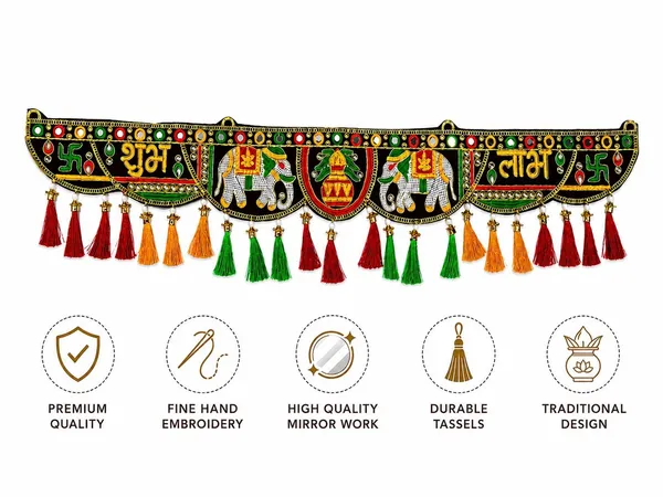 Shubh_Labh_Door_Hanging_Toran_With_Mirror_Work_Embroidered_Elephant_Kalash_Design_Decorative_Bandhanwar_For_Entrance_Puja_Festival_Housewarming_Decor_36_X_7_Inch_-_Pack_of_2