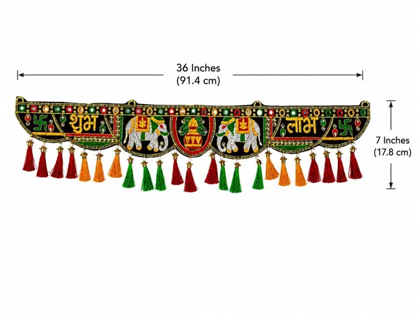 Shubh_Labh_Door_Hanging_Toran_With_Mirror_Work_Embroidered_Elephant_Kalash_Design_Decorative_Bandhanwar_For_Entrance_Puja_Festival_Housewarming_Decor_36_X_7_Inch_-_Pack_of_2