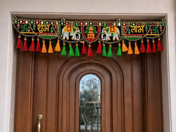 Shubh_Labh_Door_Hanging_Toran_With_Mirror_Work_Embroidered_Elephant_Kalash_Design_Decorative_Bandhanwar_For_Entrance_Puja_Festival_Housewarming_Decor_36_X_7_Inch_-_Pack_of_2