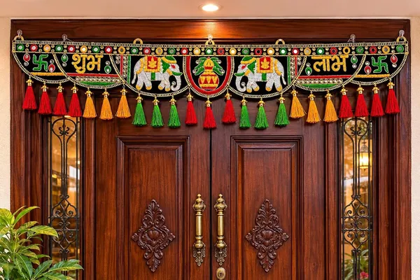 Shubh_Labh_Door_Hanging_Toran_With_Mirror_Work_Embroidered_Elephant_Kalash_Design_Decorative_Bandhanwar_For_Entrance_Puja_Festival_Housewarming_Decor_36_X_7_Inch_-_Pack_of_2
