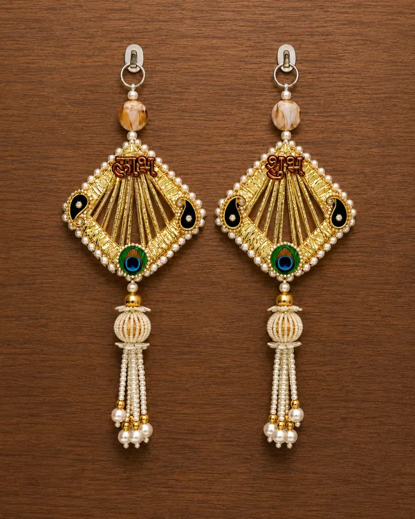 Shubh_Labh_Peacock_Feather_Pearl_Door_Hanging_Toran_Pair_–_Golden_Wall_Decor_(11_inch)