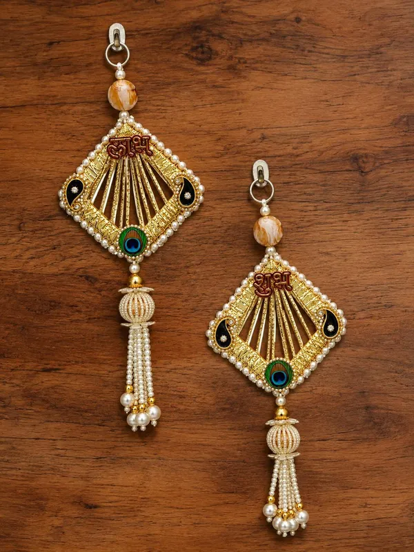 Shubh_Labh_Peacock_Feather_Pearl_Door_Hanging_Toran_Pair_–_Golden_Wall_Decor_(11_inch)
