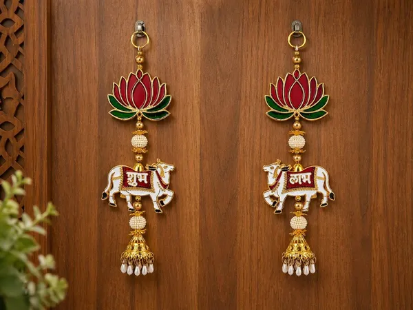 SHOPPIX_WORLD_Shubh_Labh_Cow_Lotus_Door_Hanging_Wall_Decor_Metal_Enamel_Work_with_Pearl_Beads_Traditional_Festive_Home_Temple_Decoration_Gift_Item_(Set_of_2_Gold_Red_Green_4x11x1_Inch)